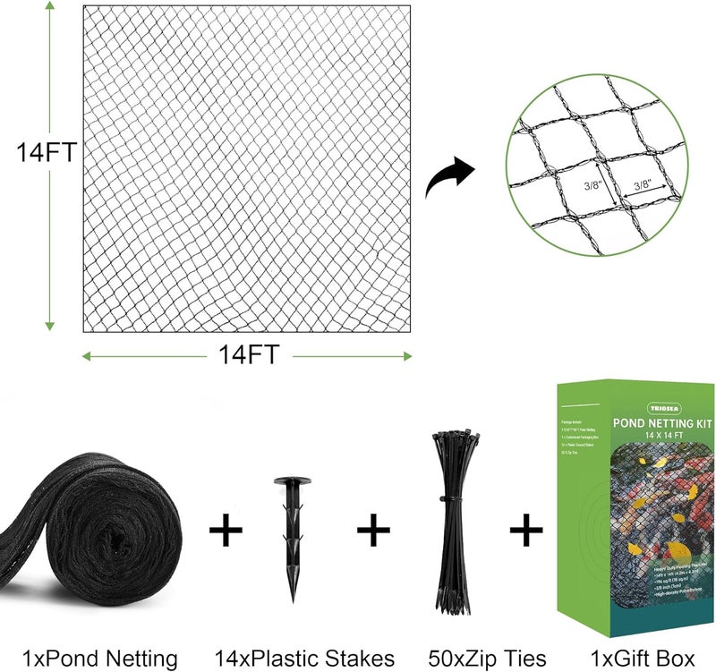 TRIOSEA Pond Netting, Pond Netting for Koi Ponds 14 x 14FT Pond Net, Heavy Duty Woven Fine Mesh Pond Garden Pool Netting Kit for Leaves to Catch Leaves and Debris, Protects Koi Fish from Birds Cats Predators - Image 5